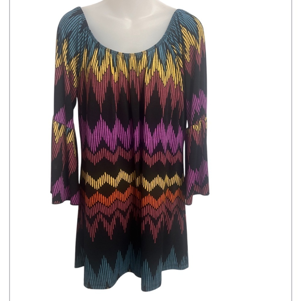 Spense Multicolor Chevron Boho Tunic Top w/Bell 3/4 Sleeves Size XL